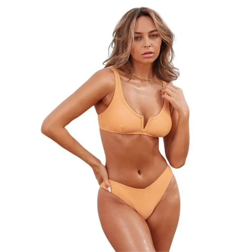 Cupshe X Stassie Oasis Chiffon Bralette & V Cut Cheeky Bikini Set Orange‎ Size M